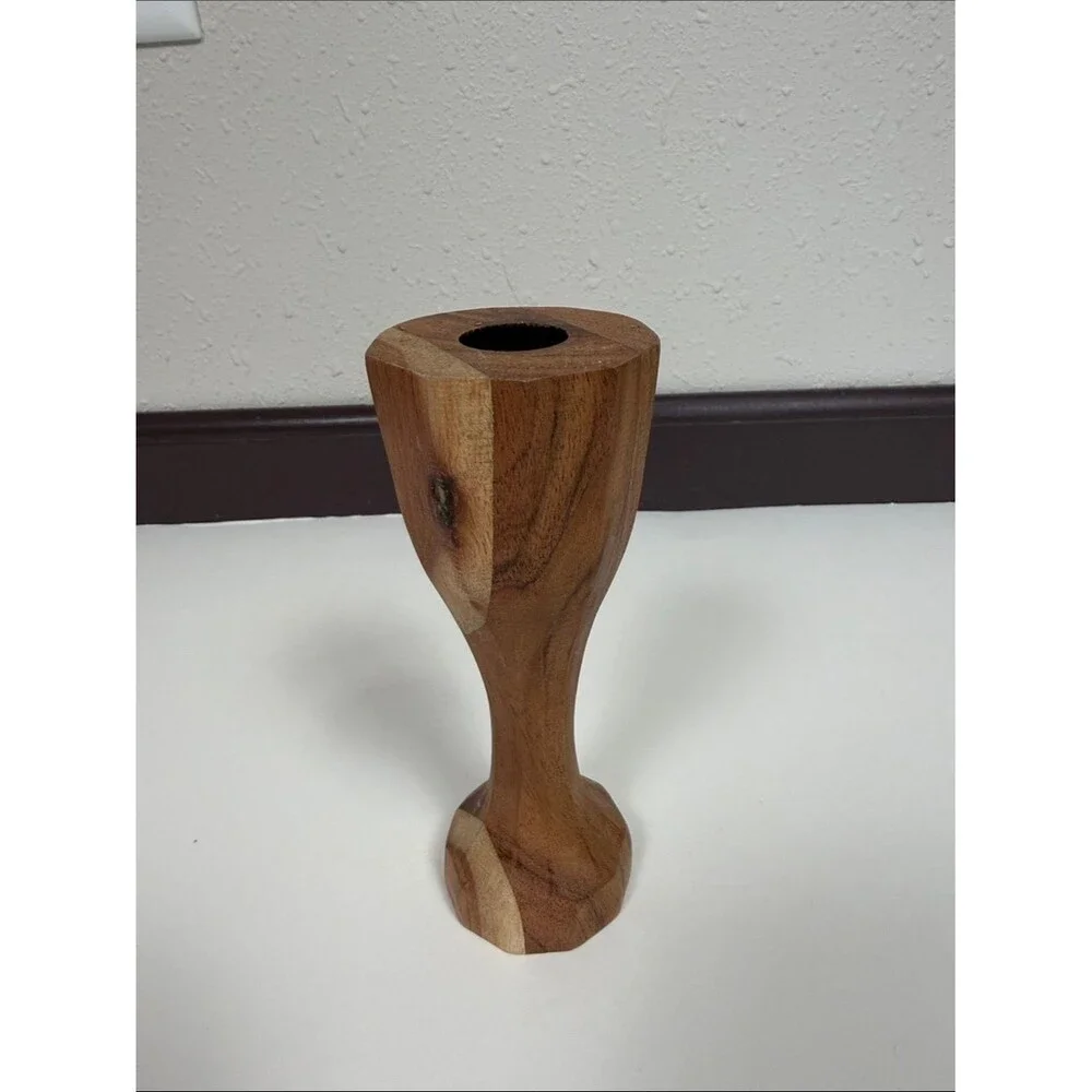 Vintage Hand Carved Wood Stick Candle Holder Rustic Boho Taper Candlestick Decor